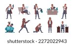 Cartoon detective character. Flat investigator looking for evidence, secret agent spying and sneaking, police inspector at crime. Vector isolated set of investigation crime with magnifier illustration