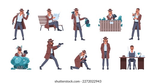 Cartoon detective character. Flat investigator looking for evidence, secret agent spying and sneaking, police inspector at crime. Vector isolated set of investigation crime with magnifier illustration