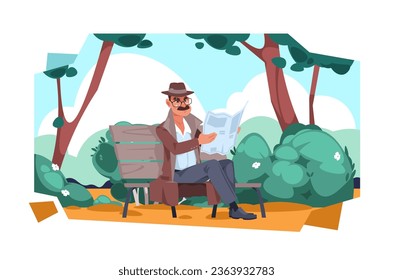 Cartoon detective character reading newspaper in park. Vector of cartoon character detective, reading book and education illustration