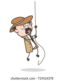 Cartoon Detective Climbing Rope in Training Vector Illustration