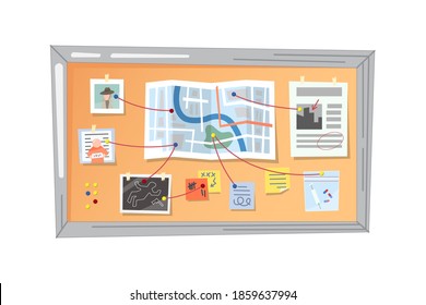 Cartoon Detective Cork Board. Officer Police Pin Board. Crime Evidences. Murder Information. Killer Photo.  City Map. Vector Illustration