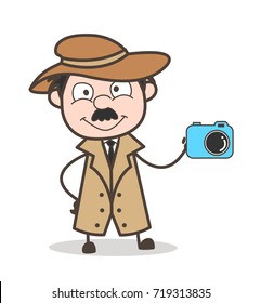 Cartoon Detective Doing Advertisement for Digital Camera Vector Concept