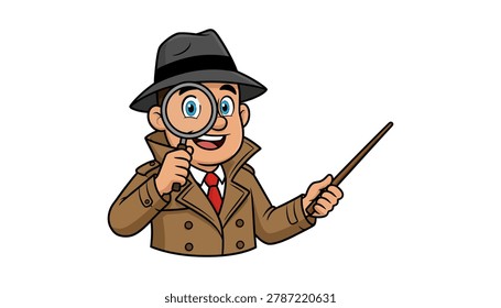 Cartoon detective examining clues with magnifying glass