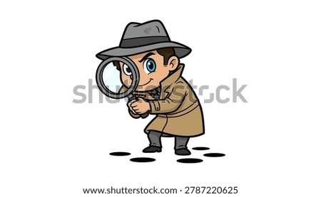 Cartoon detective examining clues with magnifying glass