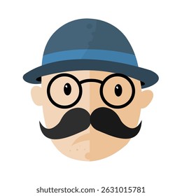 Cartoon Detective or Gentleman Avatar with Mustache and Bowler Hat – Vector Icon