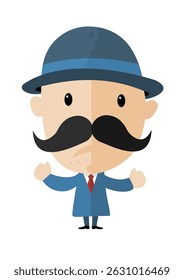Cartoon Detetive ou Personagem de Cavalheiro com Mãos Levantadas com Mustache e Chapéu Bowler - Ilustração de Vetor de Corpo Inteiro