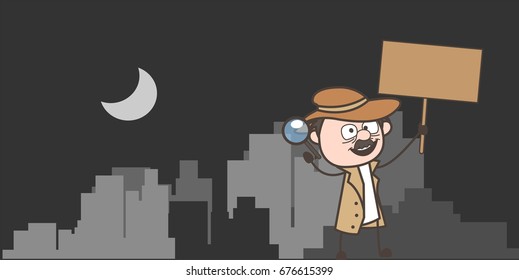 Cartoon Detective Holding a Placard Vector Illustration