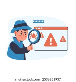 Um detetive de cartuns inspeciona uma tela de computador mostrando alertas de advertência e um símbolo de bug, enfatizando a segurança cibernética.
