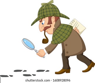 Cartoon of a detective investigate following footprints