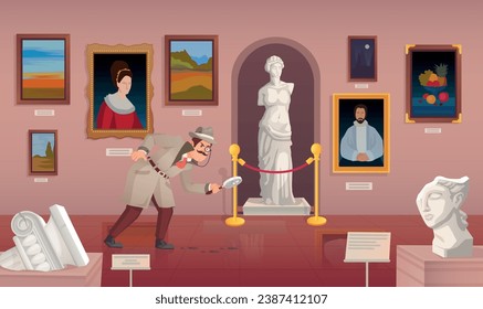 Investigación de detectives de caricaturas. Sherlock en la galería de arte del museo, el investigador magnificando el rastreo de la investigación de la huella del investigador encuentra evidencia del crimen de misterio, ilustración vectorial del detective o la policía