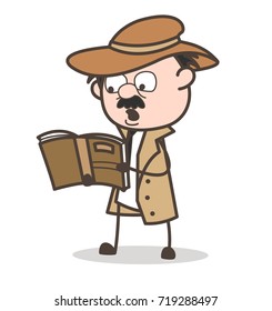 Cartoon Detective Reading Book Vector Illustration