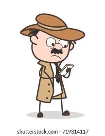 Cartoon Detective Reading Messages in Smartphone Vector Illustration