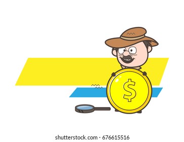 Cartoon Detective Showing a Gold Dollar Coin Vector Illustration
