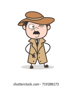Cartoon Detective Winking Eye Expression Vector Illustration