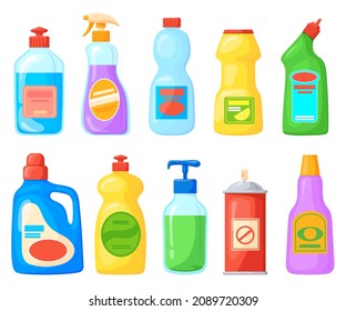 Cartoon Detergent Bottles. Cleaner Product Chemical Cleanup Bathroom Toilet, Home Clean Tool Household Soap Bleach Softener Liquid Cleanser For Care Kitchen Washing Neat Vector Icons Illustration