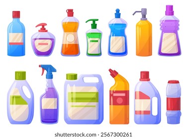 Cartoon detergent bottles. Cleaning supplies products, cleaner bleach bottle liquid soap household cleanser spray detergents containers chemical cleanup, tidy vector illustration original artwork