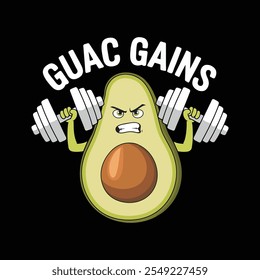 Cartoon of a determined avocado lifting weights with the phrase "Guac Gains," perfect for gym-goers and food humor fans.