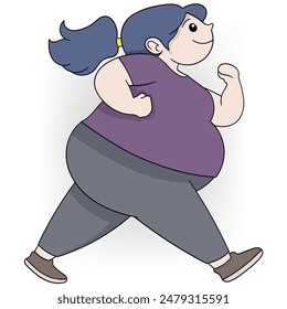 Caricatura de una mujer talla grande que camina para perder peso en ropa deportiva. Ideal para ilustraciones relacionadas con el estado físico y la salud.