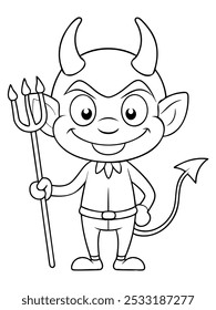 Cartoon devil coloring page for Halloween, featuring a cute demon with a mischievous grin