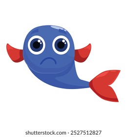 Cartoon devil fish mascot with a blue body and red horns and tail looking sad