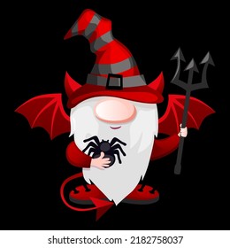 Cartoon Devil Gnome With With The Devils Trident. Halloween Leprechaun Character