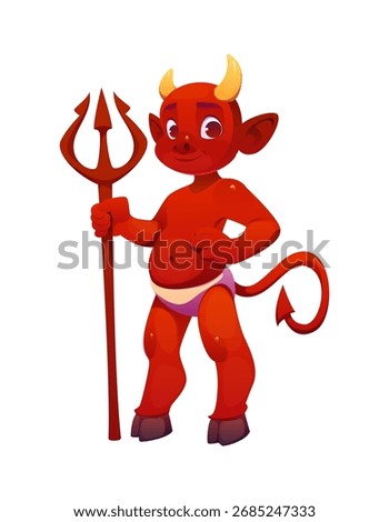 Cartoon devil Halloween scary character, vector creepy imp personage. Hell creature with red skin, horns, peaky tail and hoofed legs standing with a trident in its arm, ready for holiday celebration