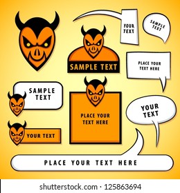 Cartoon devil heads with blank signs and speech bubbles.