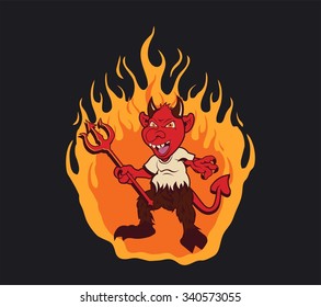 Cartoon devil in the hell. Vector illustration.