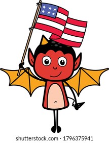 Cartoon Devil holding Flag of USA Character Design Illustration