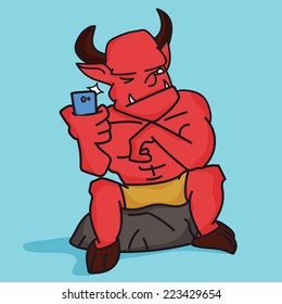 Cartoon of devil holding a mobile phone for Halloween concept on sky blue background.