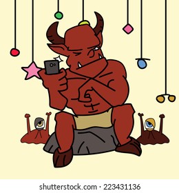 Cartoon of devil holding a mobile phone for Halloween concept on beige background.