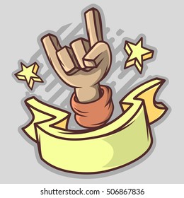 Cartoon Devil Horns Hand With A Banner For Text. Vector Graphic. 