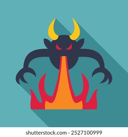 Cartoon devil monster breathing a column of fire with a long shadow