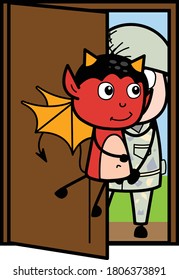 Cartoon Devil opening Door Vector Illustration Design