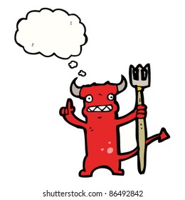 cartoon devil with pitchfork and idea