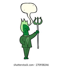 cartoon devil with pitchfork with speech bubble