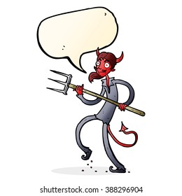 cartoon devil with pitchfork with speech bubble