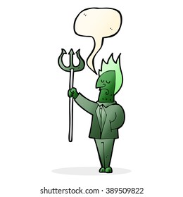 cartoon devil with pitchfork with speech bubble