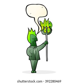 cartoon devil with pitchfork with speech bubble
