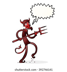 cartoon devil with pitchfork with speech bubble
