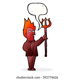 cartoon devil with pitchfork with speech bubble