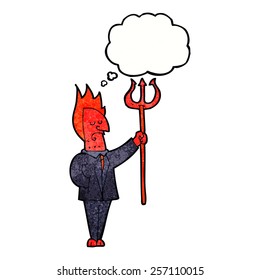 cartoon devil with pitchfork with thought bubble