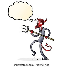 cartoon devil with pitchfork with thought bubble
