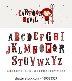 Cartoon-Teufel - Retro-Stil Ornate-Schrift. Vektoralphabet. Schriftartensatz.