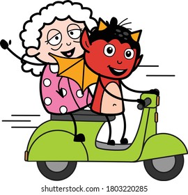 Cartoon Devil Riding Scooter with an old lady