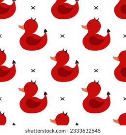 Cartoon devil rubber ducks. Funny seamless pattern