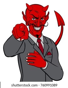 Cartoon devil Satan business man in a suit and tie pointing his finger in a wants you gesture