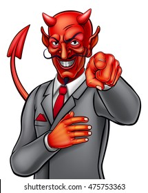 Cartoon devil Satan businessman in suit pointing his finger in a wants you gesture