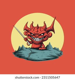 Un demonio de caricatura en forma de isla de Tasmania sostiene un horquilla y sonríe