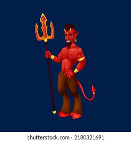 Cartoon devil spooky Halloween character, creepy imp personage. Vector satan, fiend holding trident, hell creature with red skin, horns, peaky tail and goat hoofed hairy legs. Autumn holiday creature